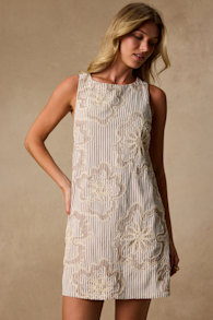 Francisca White and Brown Striped Embroidered Mini Dress 1