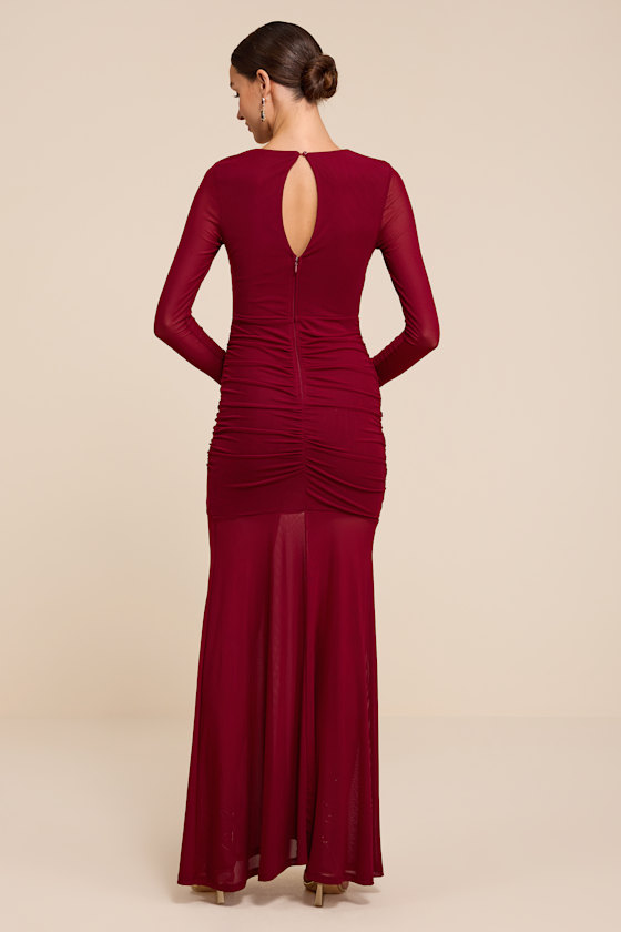 Vibrant Poise Wine Red Mesh Ruched Maxi Dress - thumbnail 3