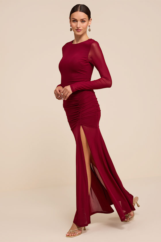 Vibrant Poise Wine Red Mesh Ruched Maxi Dress - thumbnail 4