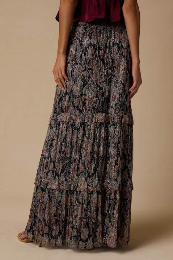 Dimitria Black Multi Floral Lurex Maxi Skirt - thumbnail 3