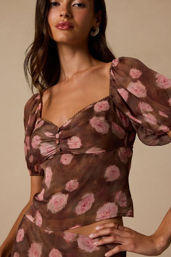 Neva Brown Floral Puff Sleeve Top - thumbnail 3