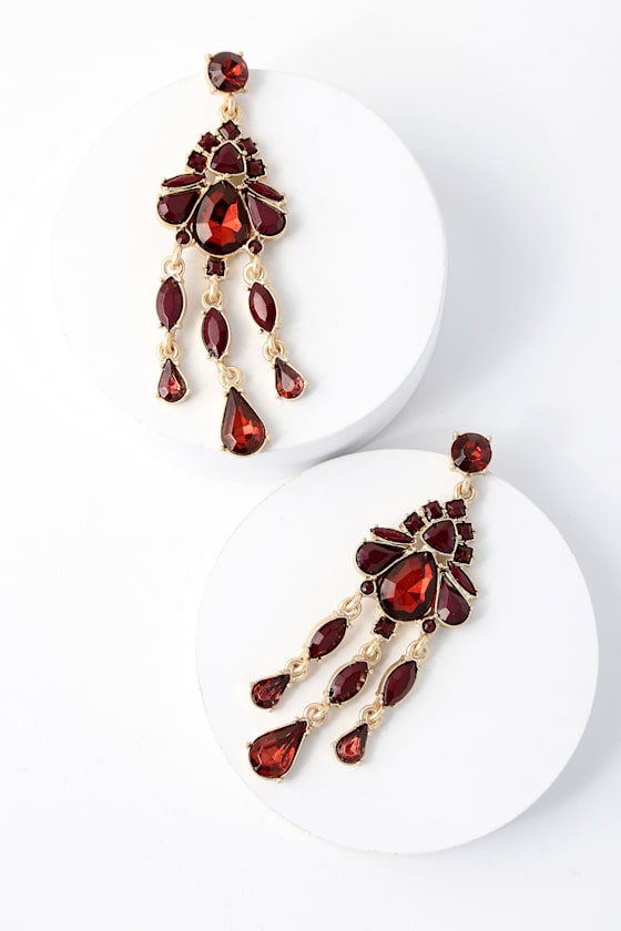 Lovely Gold and Burgundy Earrings Rhinestone Earrings