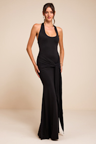 Rosalia Black Jersey Knit Sash Tie Halter Maxi Dress 1