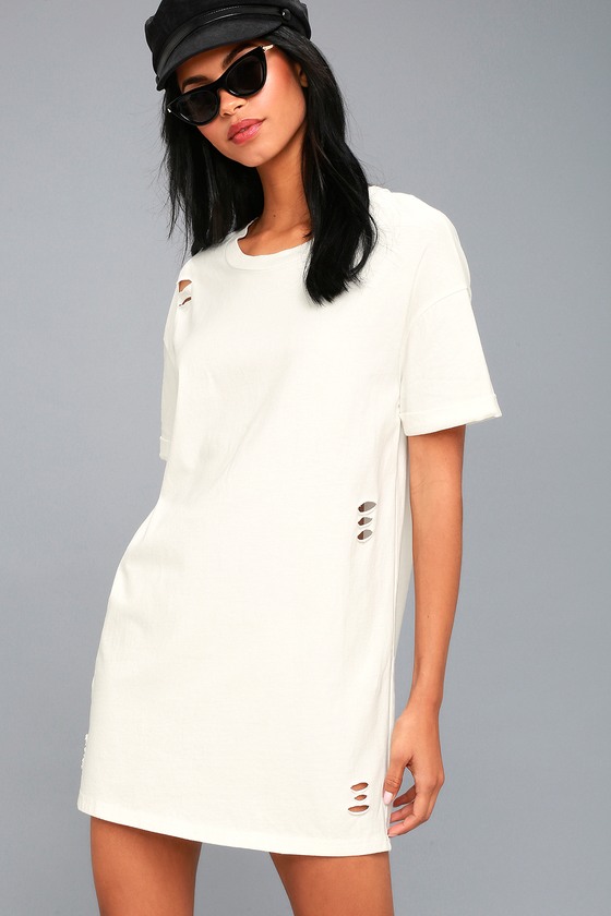 Trendy T-Shirt Dress - White Dress - Distressed Dress - Lulus