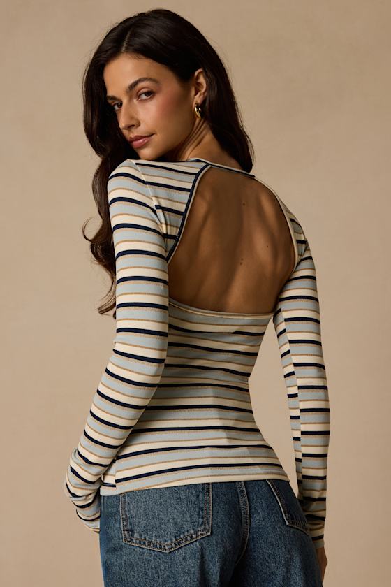 Thompson Blue Striped Long Sleeve Backless Top - thumbnail 2
