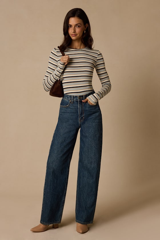 Thompson Blue Striped Long Sleeve Backless Top - thumbnail 4