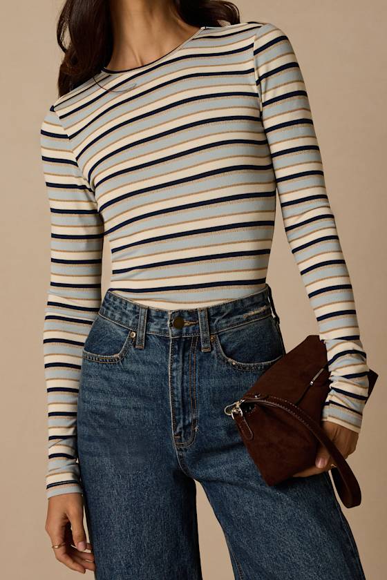 Thompson Blue Striped Long Sleeve Backless Top - thumbnail 5