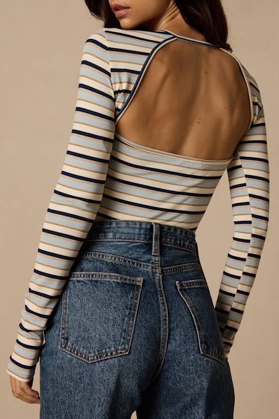 Thompson Blue Striped Long Sleeve Backless Top - thumbnail 6