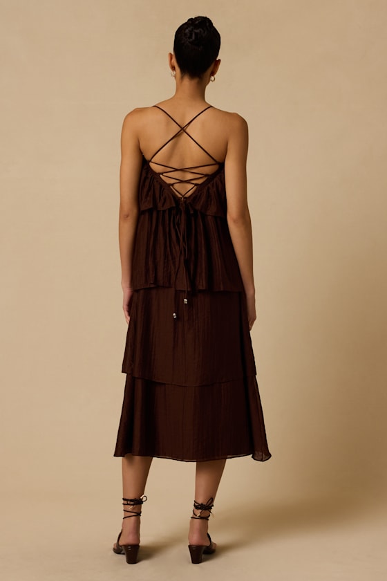Lowen Brown Tiered Lace-Up Midi Dress - thumbnail 3