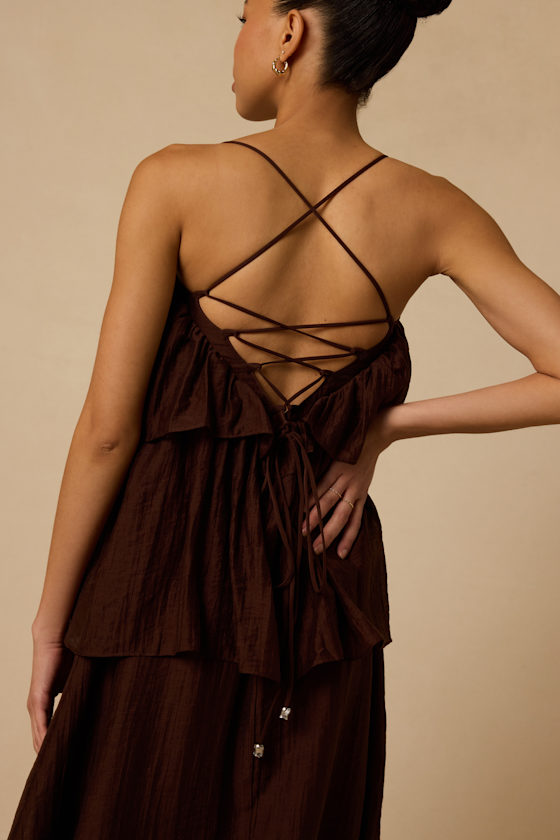 Lowen Brown Tiered Lace-Up Midi Dress - thumbnail 5