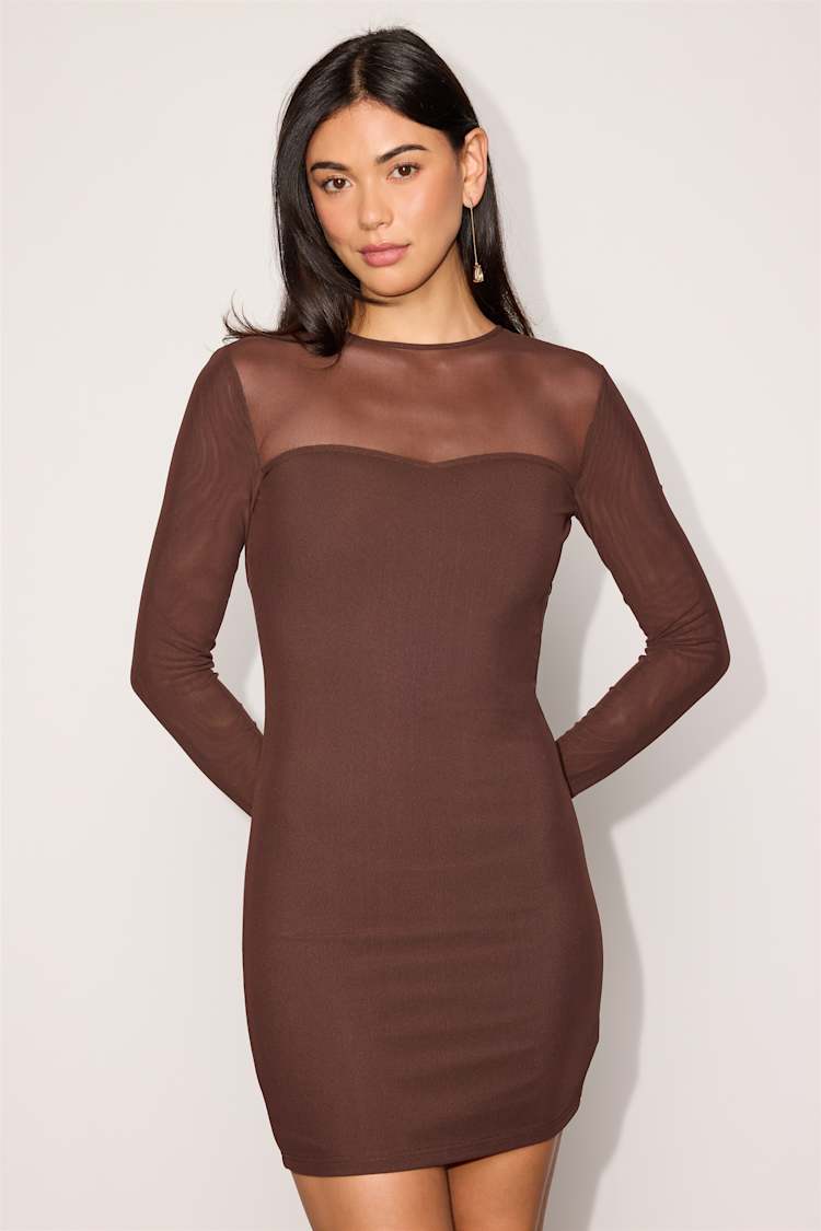 Lulus | Brown Mesh Long Sleeve Bodycon Dress | Womens | Medium (Available in XS, S, L, XL)