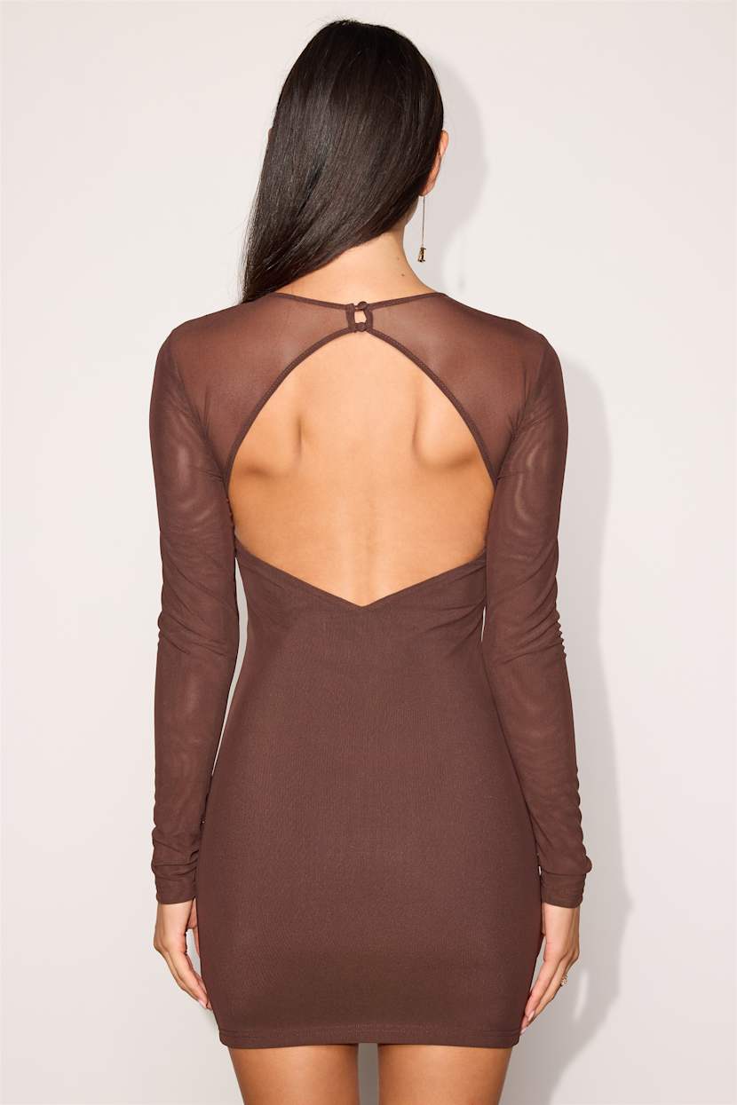 Brown Bodycon Mini Dress - Long Sleeve Dress - Back Cutout Dress