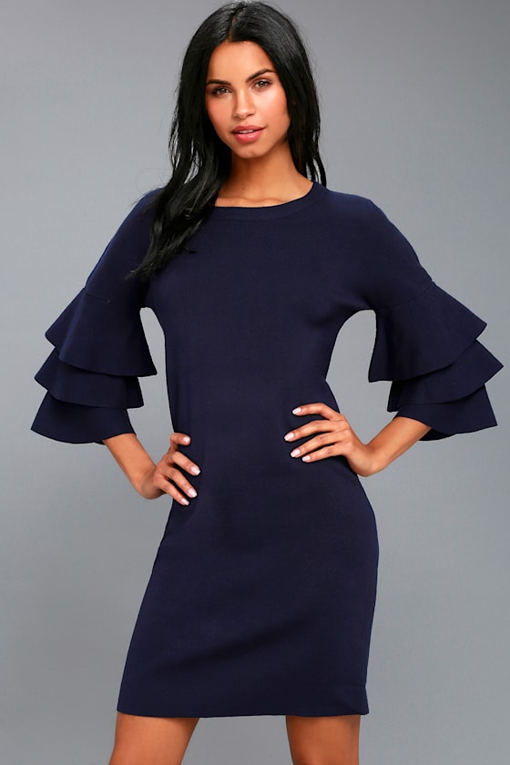 Chic Navy Blue Sweater Dress Tiered Flounce Sleeve Dress Lulus