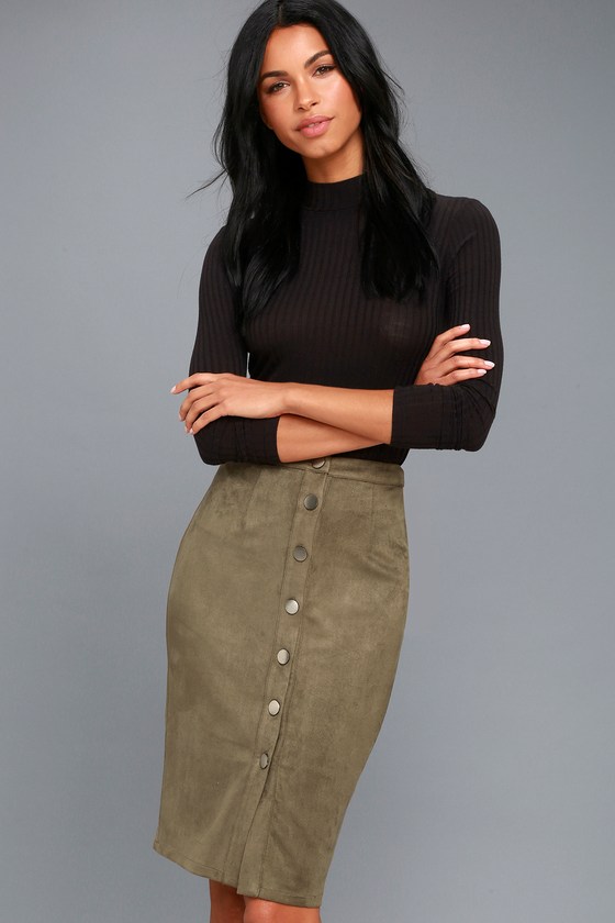 Chic Pencil Skirt - Olive Green Skirt - Vegan Suede Skirt - Lulus