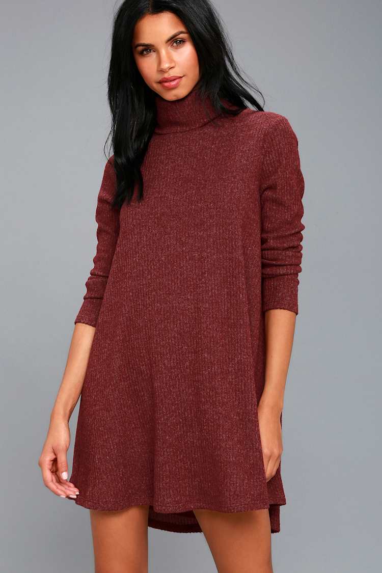 Burgundy Swing Dress - Long Sleeve Dress - Turtleneck Dress - Lulus Burgundy Swing Dress - Long Sleeve Dress - Turtleneck Dress - Lulus