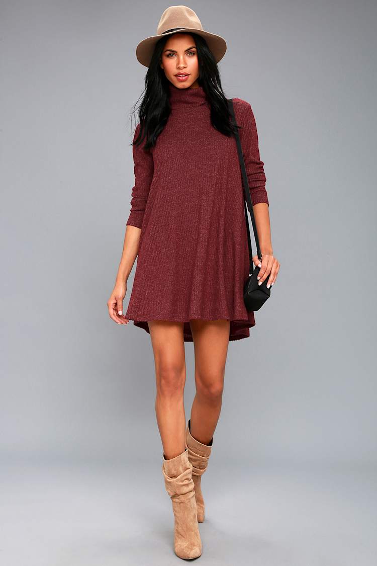 Burgundy Swing Dress - Long Sleeve Dress - Turtleneck Dress