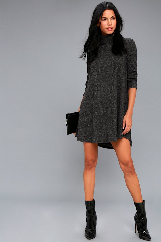 Grey Swing Dress Long Sleeve Dress Turtleneck Dress