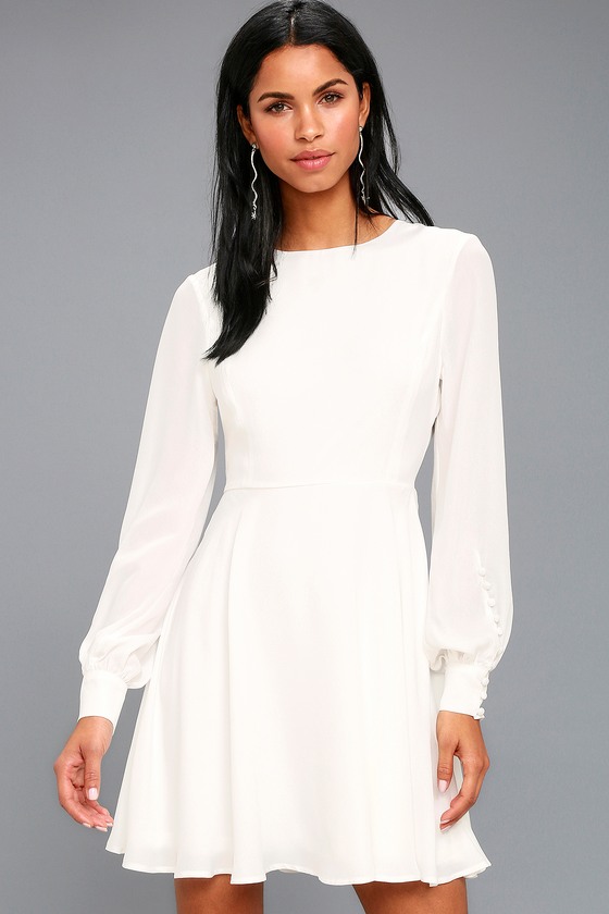 Chic White Dress - Long Sleeve Dress ...