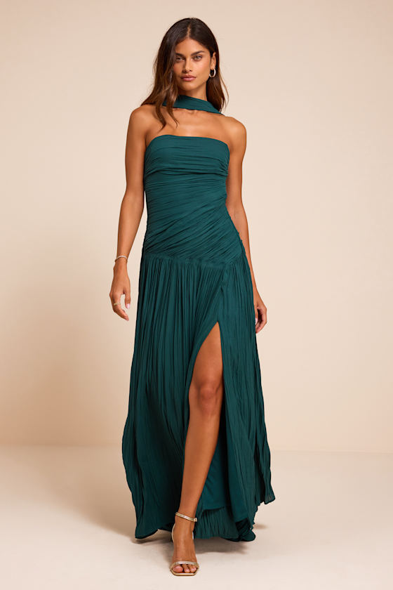 Nellie Teal Pleated Maxi Dress and Scarf Set 1