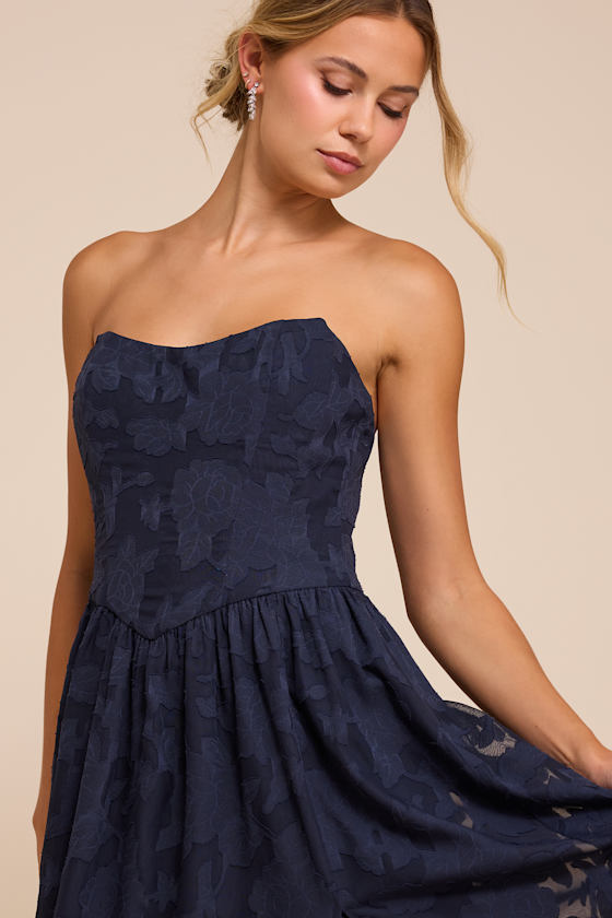 Kalila Navy Blue Floral Burnout Strapless Maxi Dress - thumbnail 2