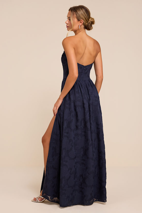 Kalila Navy Blue Floral Burnout Strapless Maxi Dress - thumbnail 3