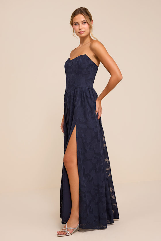 Kalila Navy Blue Floral Burnout Strapless Maxi Dress - thumbnail 4