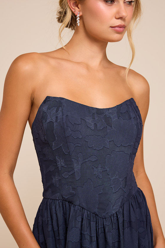 Kalila Navy Blue Floral Burnout Strapless Maxi Dress - thumbnail 5