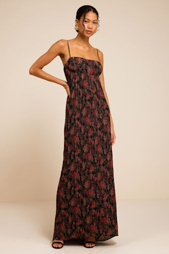 Avi Black Floral Print Pleated Sleeveless Maxi Dress 1