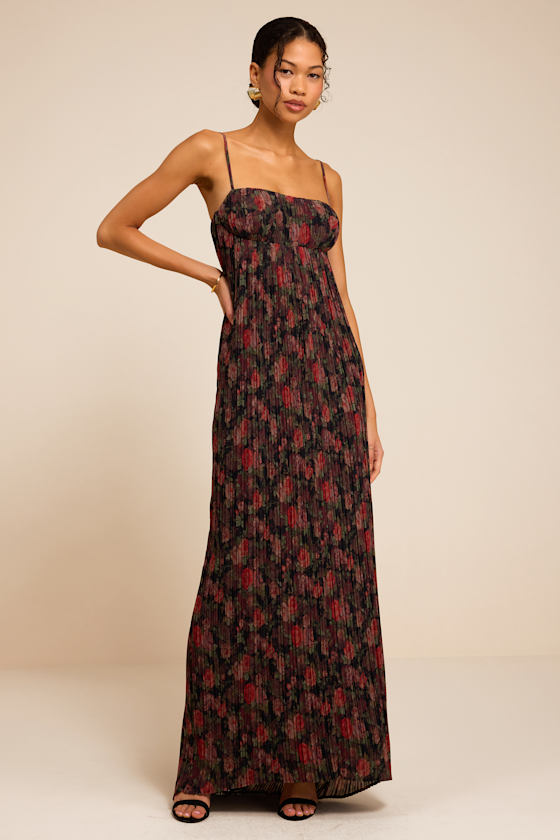 Avi Black Floral Print Pleated Sleeveless Maxi Dress 1