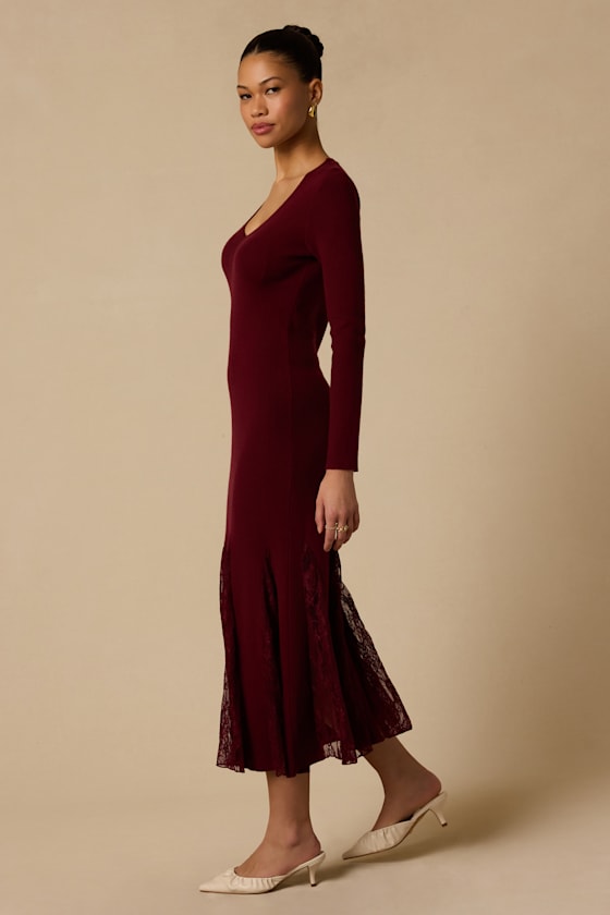 Hollins Wine Red Lace Sweater Dress - thumbnail 4