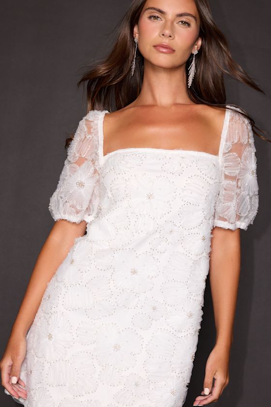 Mari White Floral Puff Sleeve Mini Dress - thumbnail 5