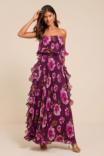 Andri Purple Floral Pleated Ruffled Maxi Dress 2