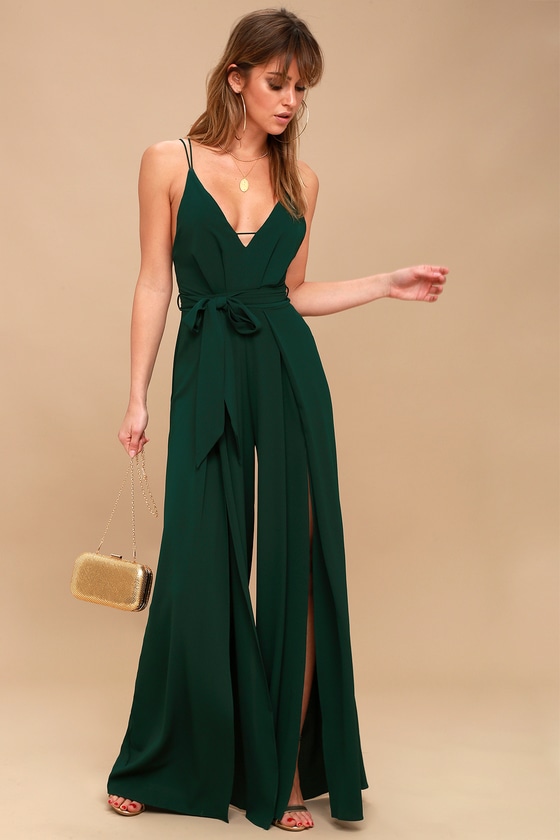 Hype Dream Forest Green Backless Wide-Leg Jumpsuit