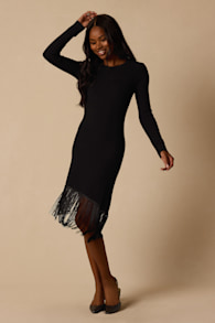 Lilyrose Black Asymmetrical Fringe Sweater Dress 1