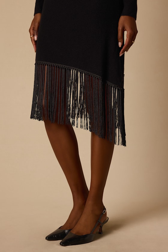 Lilyrose Black Asymmetrical Fringe Sweater Dress 2