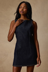Little Dark Wash Denim Boat Neck Mini Dress 1
