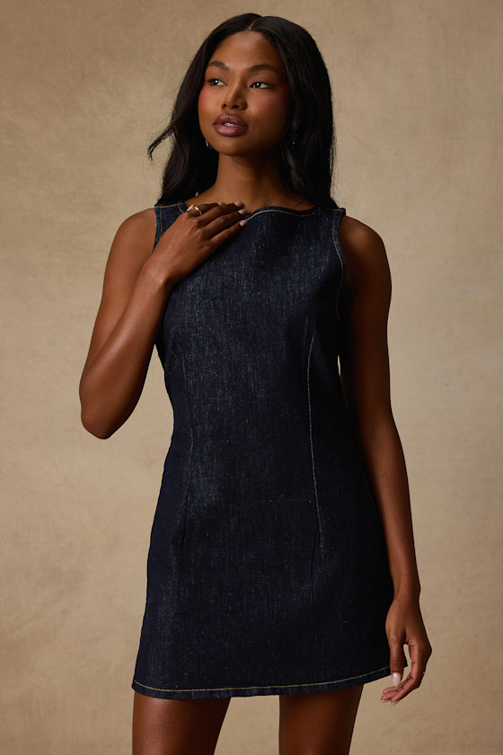 Little Dark Wash Denim Boat Neck Mini Dress 1