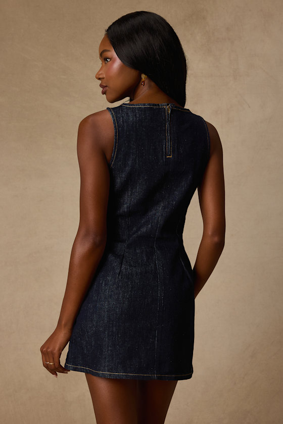 Little Dark Wash Denim Boat Neck Mini Dress 2