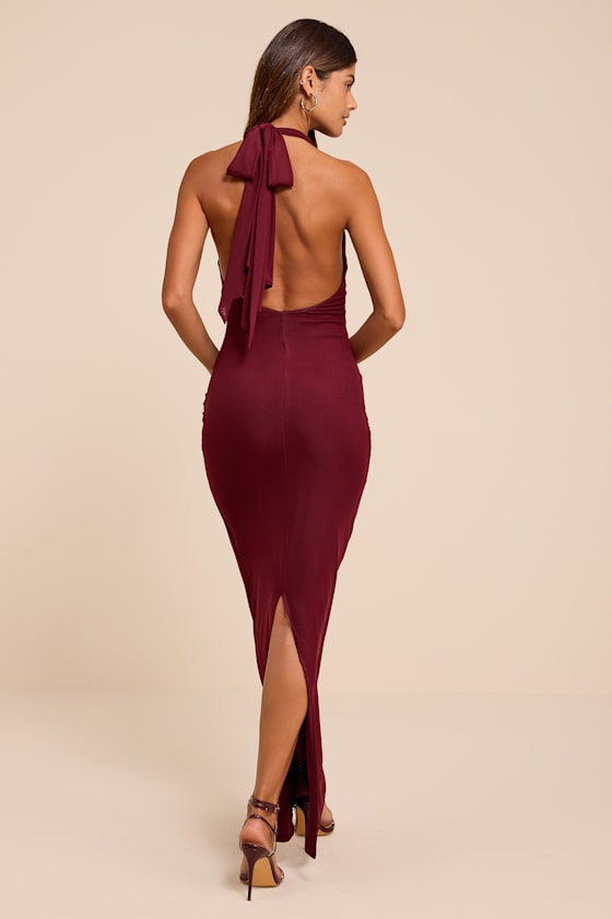 Frona Burgundy Mesh Backless Maxi Dress - thumbnail 4
