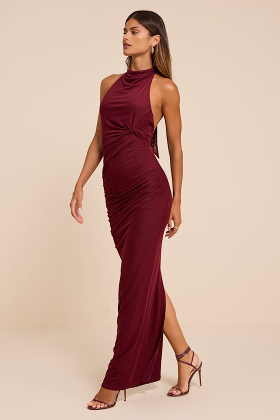Frona Burgundy Mesh Backless Maxi Dress - thumbnail 5