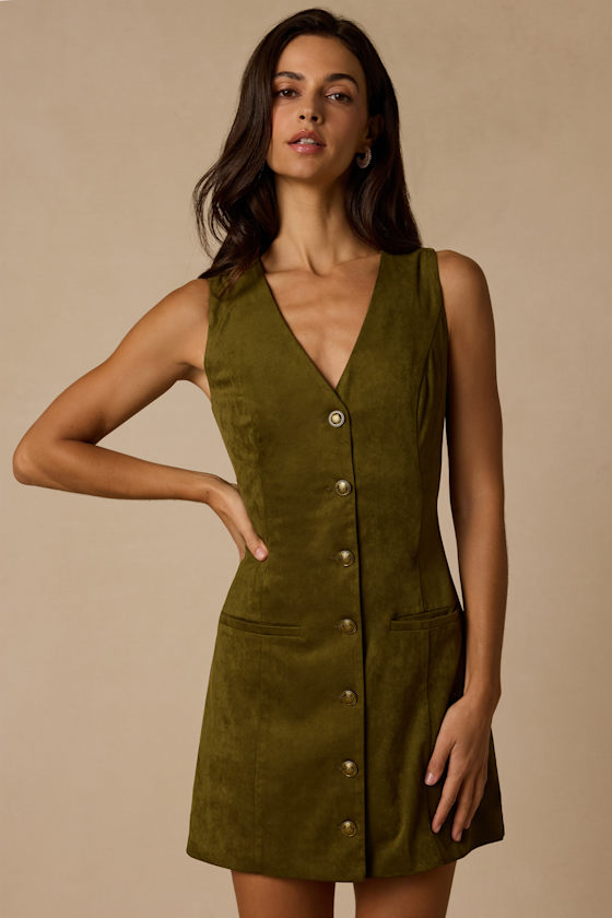 Danny Olive Suede Button-Front Mini Dress - thumbnail 5