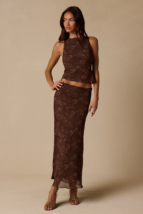Myette Brown Floral Mesh Cowl Back Tank Top - thumbnail 3