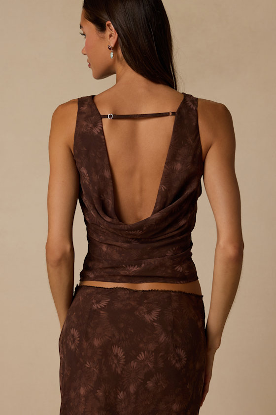 Myette Brown Floral Mesh Cowl Back Tank Top - thumbnail 5