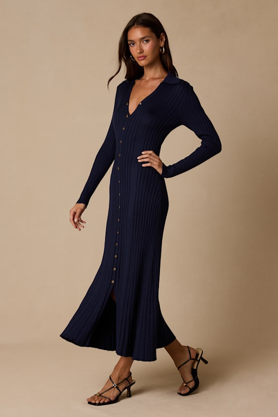 Quincy Navy Blue Collared Sweater Dress - thumbnail 4