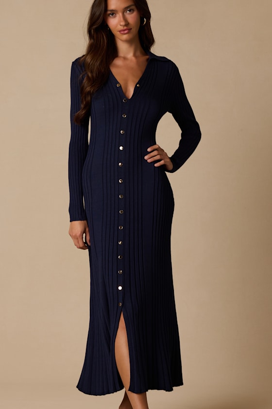Quincy Navy Blue Collared Sweater Dress - thumbnail 5
