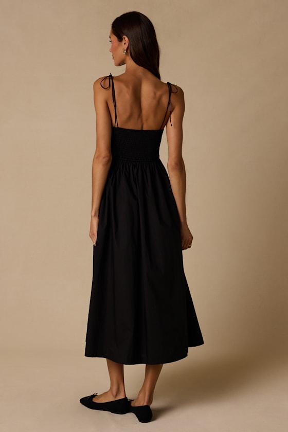 Janey Black Smocked Tie-Strap Midi Dress - thumbnail 3