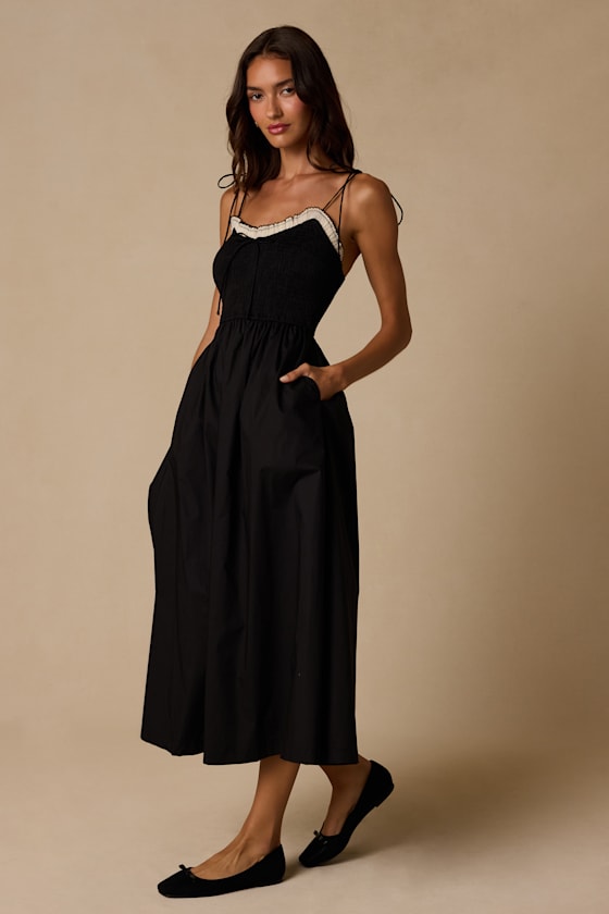 Janey Black Smocked Tie-Strap Midi Dress - thumbnail 4