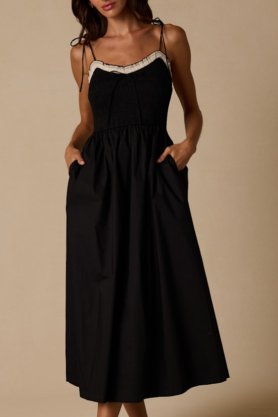 Janey Black Smocked Tie-Strap Midi Dress - thumbnail 5