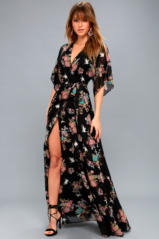 Cute Black Floral Maxi Dress - Wrap Dress - Wrap Maxi Dress - Lulus