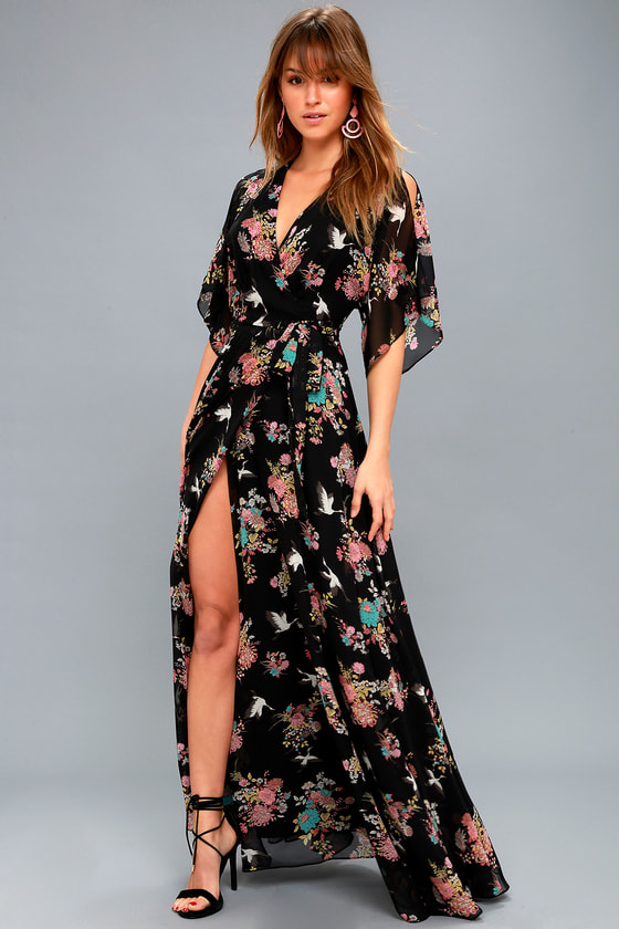 black floral maxi wrap dress